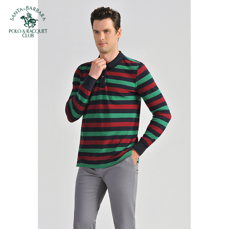 圣大保罗长袖纯棉t恤男春秋季休闲条纹polo衫中青年修身版免烫