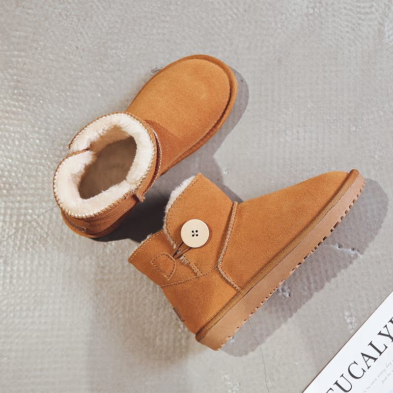 开口筒好穿纽扣雪地靴牛皮