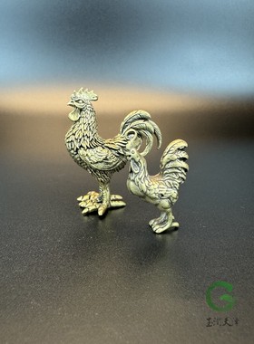 实心黄铜做旧公鸡母鸡小摆件桌面装饰品手把件生肖鸡茶道茶宠铜器