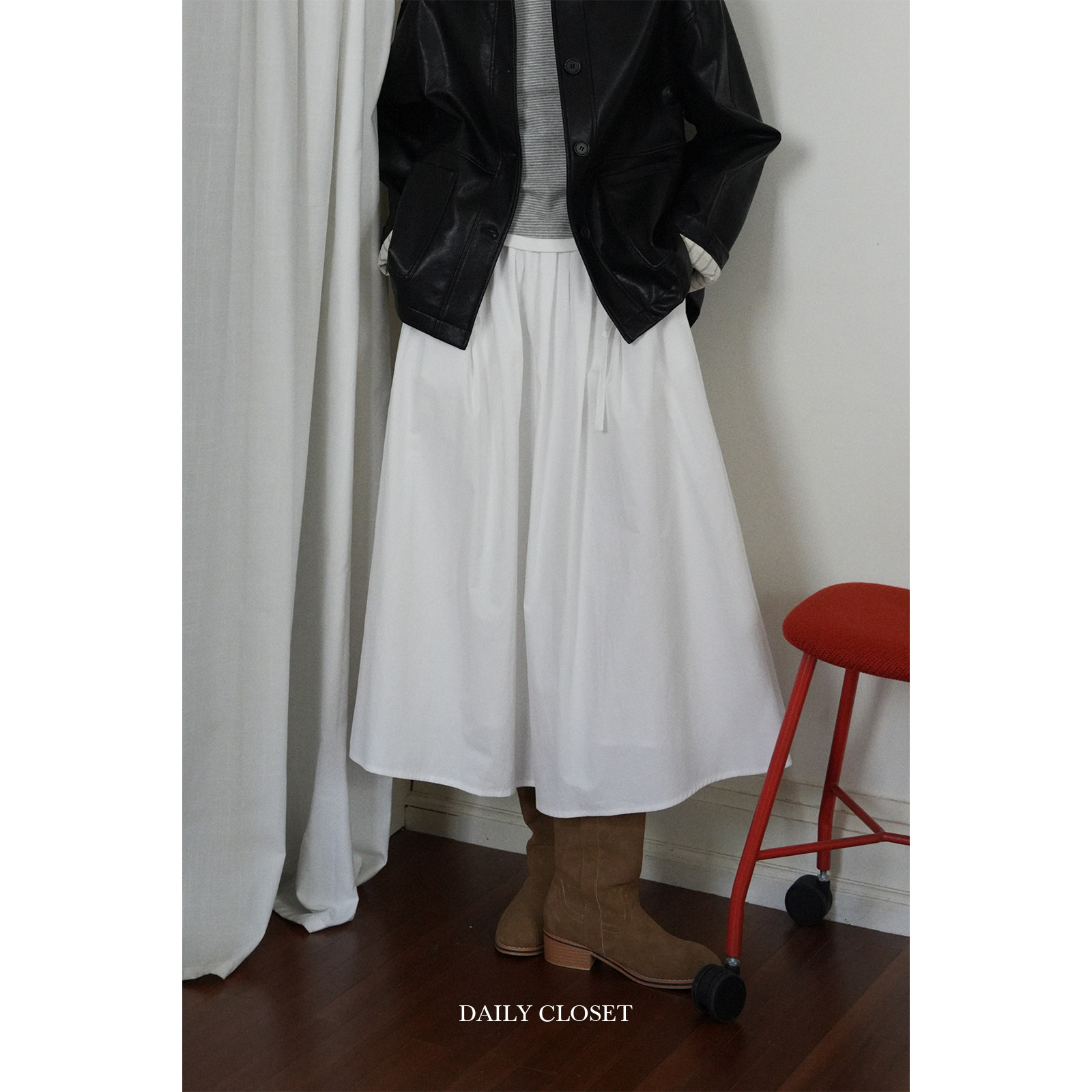 日常单品腰带装饰棉质白色半裙