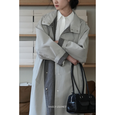 DC九月福利款 海德公园 经典立领复古大衣女撞色格纹拼接长款风衣