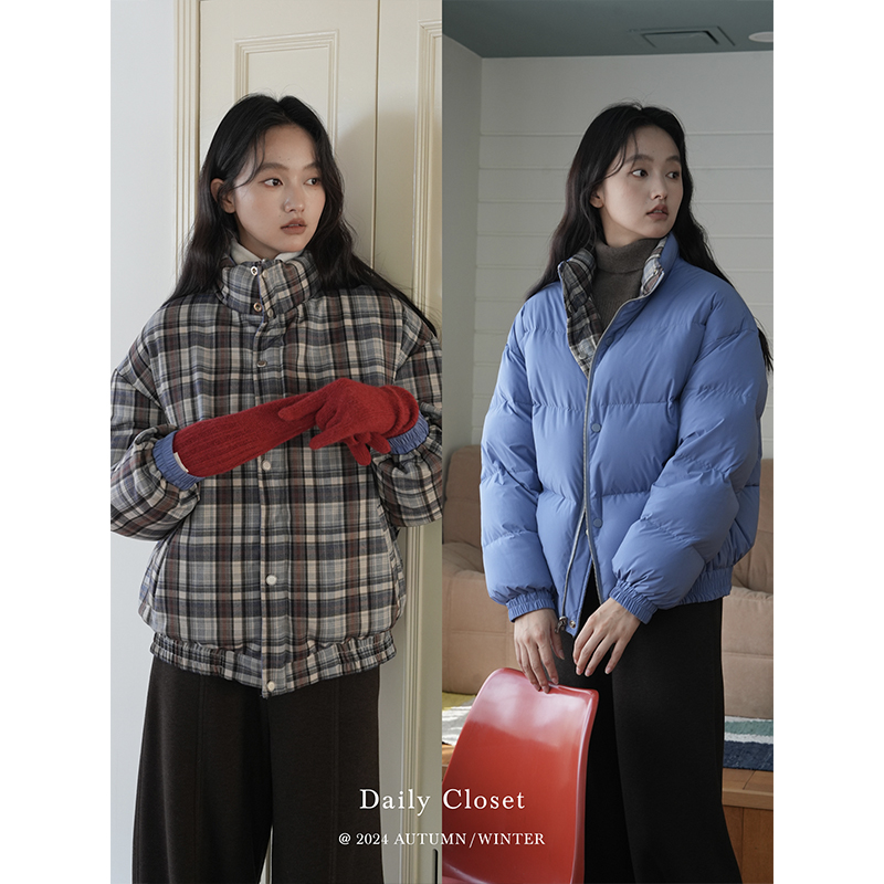 DAILY CLOSET 三星90白鸭绒韩系时髦复古羽绒服两面保暖外套女