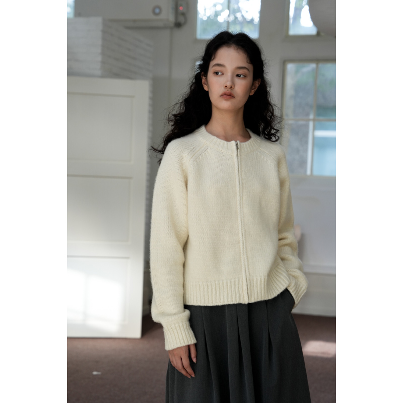 实用主义 粗棒羊毛针织开衫毛衣女宽松简约拉链卫衣短外套小个子