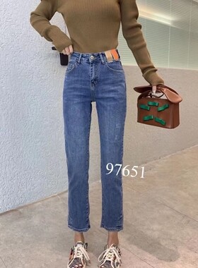 2022春款千子86540浅蓝色时尚显瘦烟管裤小直筒裤弹力女牛仔裤潮