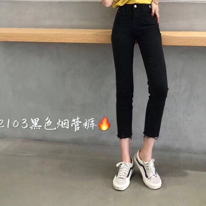 2020春夏新款千子牛仔裤22103黑色弹力烟管裤九分裤毛边显瘦潮