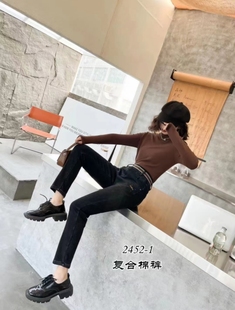 女款 2022冬新款 千秀2452蓝色黑色高腰松紧腰显瘦复合绒牛仔小垮裤