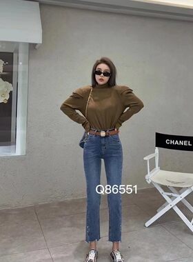 2022春款千子86551浅蓝色时尚显瘦烟管裤小直筒裤弹力女牛仔裤潮