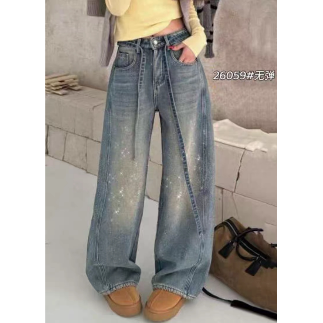 2026春季新款千子26059满天星烫钻高腰阔腿牛仔裤女宽松弯刀裤潮