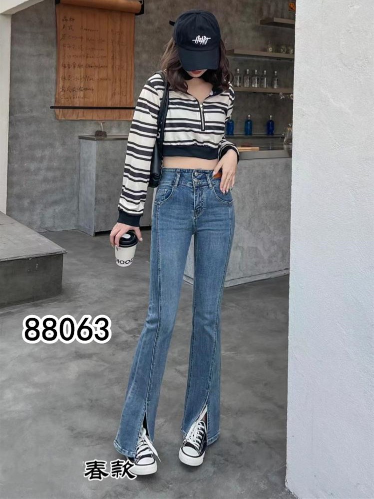 2023春季款千子88063 88069高腰裤脚开叉女显瘦百搭牛仔喇叭裤潮