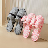 包头蝴蝶结男女布艺三层加厚布底静音家居室内防滑地板拖鞋 春秋冬