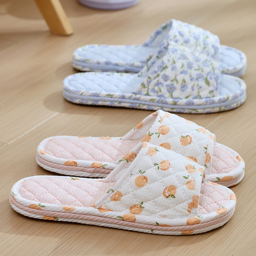 四季居家布艺棉布软底防滑拖鞋女