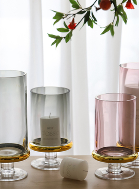 烛台轻奢金粉灰色高脚防风风灯北欧式简约蜡烛杯婚庆装饰玻璃花瓶