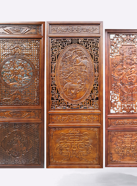 木雕隔断 中式装修 东阳木雕 香樟木雕画 双面雕刻 福禄寿喜屏风