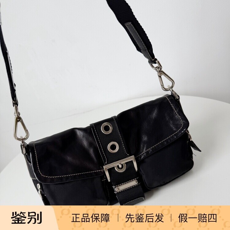 全原装好成色过鉴定 Prada黑银尼龙拼皮侧标机车单肩斜挎包28*16