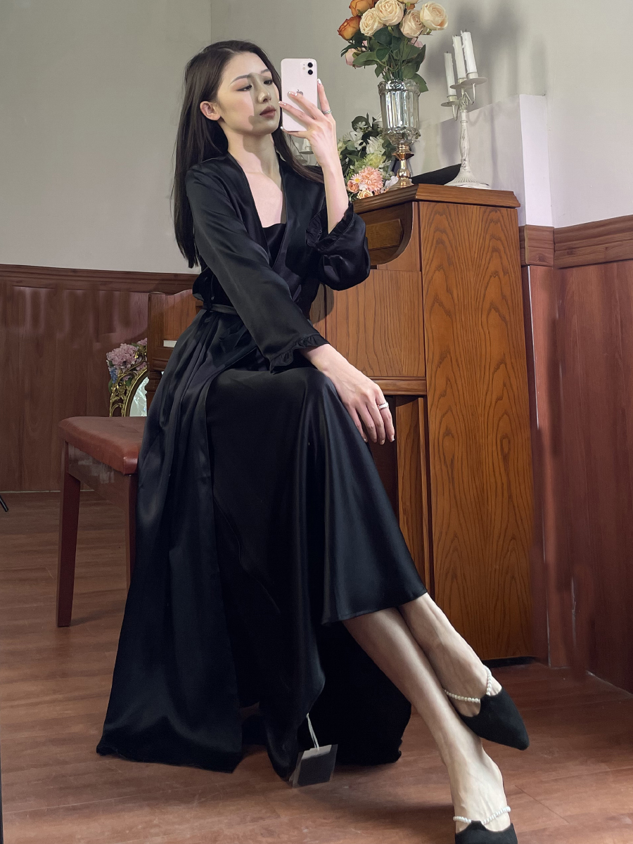 睡衣黑色长款晨袍桑蚕性感真丝睡衣裙女真丝浴袍睡袍家居服装长袖