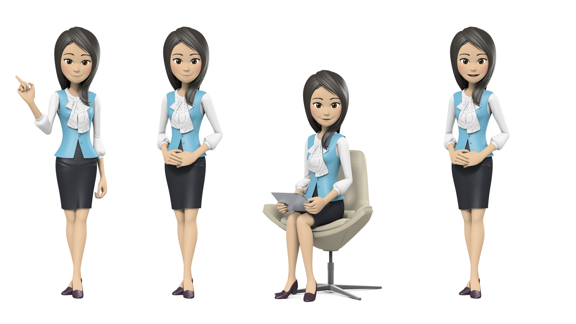 卡通角色女主持人物动作动画视频素材 透明背景有绿底剪映能用