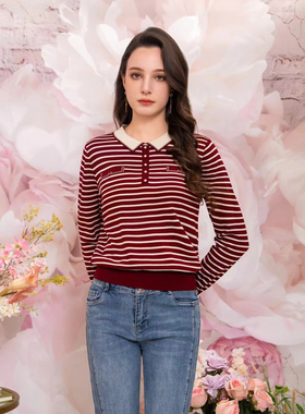 2025新款妈妈装针织衫长袖圆领莱赛尔气质条纹天丝上衣89761