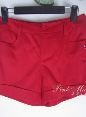 pink mary粉红玛琍/粉红玛丽 夏红色钉珠纯棉微弹短裤女热裤 标齐