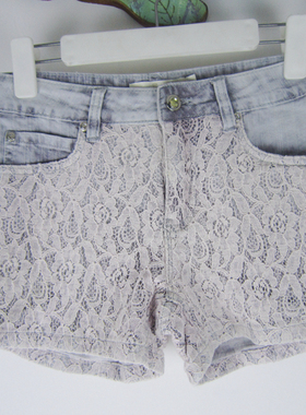 专柜正品 saidian/赛典 夏大码修身中腰蕾丝牛仔短裤女热裤 标齐