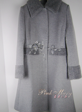 pink mary粉红玛琍/粉红玛丽 冬季绣花中长款羊毛呢子大衣女 标齐