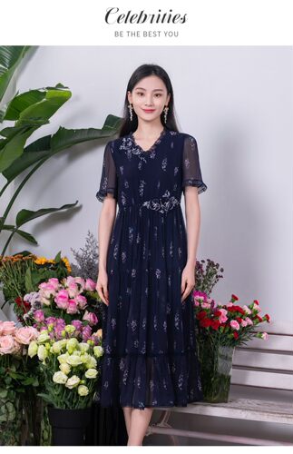 粉红玛琍夏长款桑蚕丝连衣裙标齐