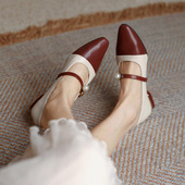 带米白色珍珠粗跟平跟鞋 新款 防掉跟神器束鞋 百搭免安装 绑带 高跟鞋