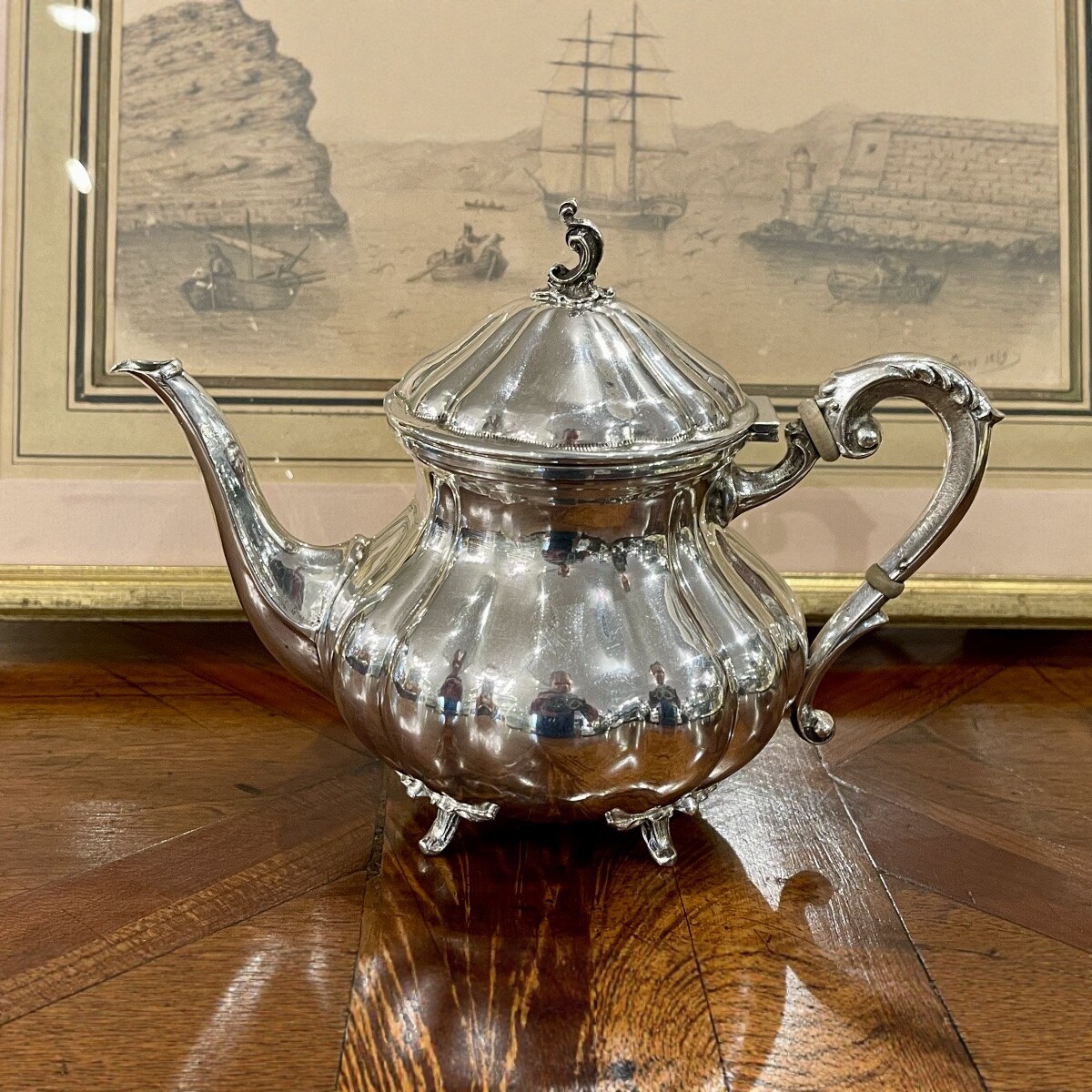 欧洲古董银器茶具800纯银瓜棱双人小茶壶法式洛可可风格餐桌美学