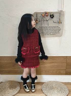 女童新年套装马甲儿童小香风短裙加绒夹棉拜年服三件套圣诞公主风
