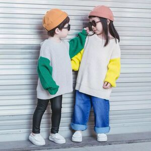 17秋款INS爆款男女儿童套头拼色休闲宽松中长毛衣宝宝针织衫外套