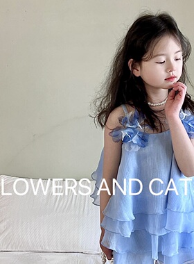 2025夏季新款女童套装度假洋气宝宝儿童雪纺花朵吊带裤裙套装可爱