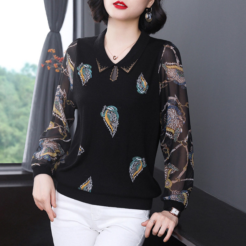 2023春秋新款妈妈长袖针织毛衣翻领宽松拼接雪纺大码中老年打底衫