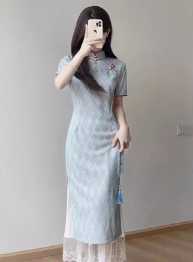 中长款旗袍2025年新款改良国风连衣裙夏季文艺新中式日常蓝色