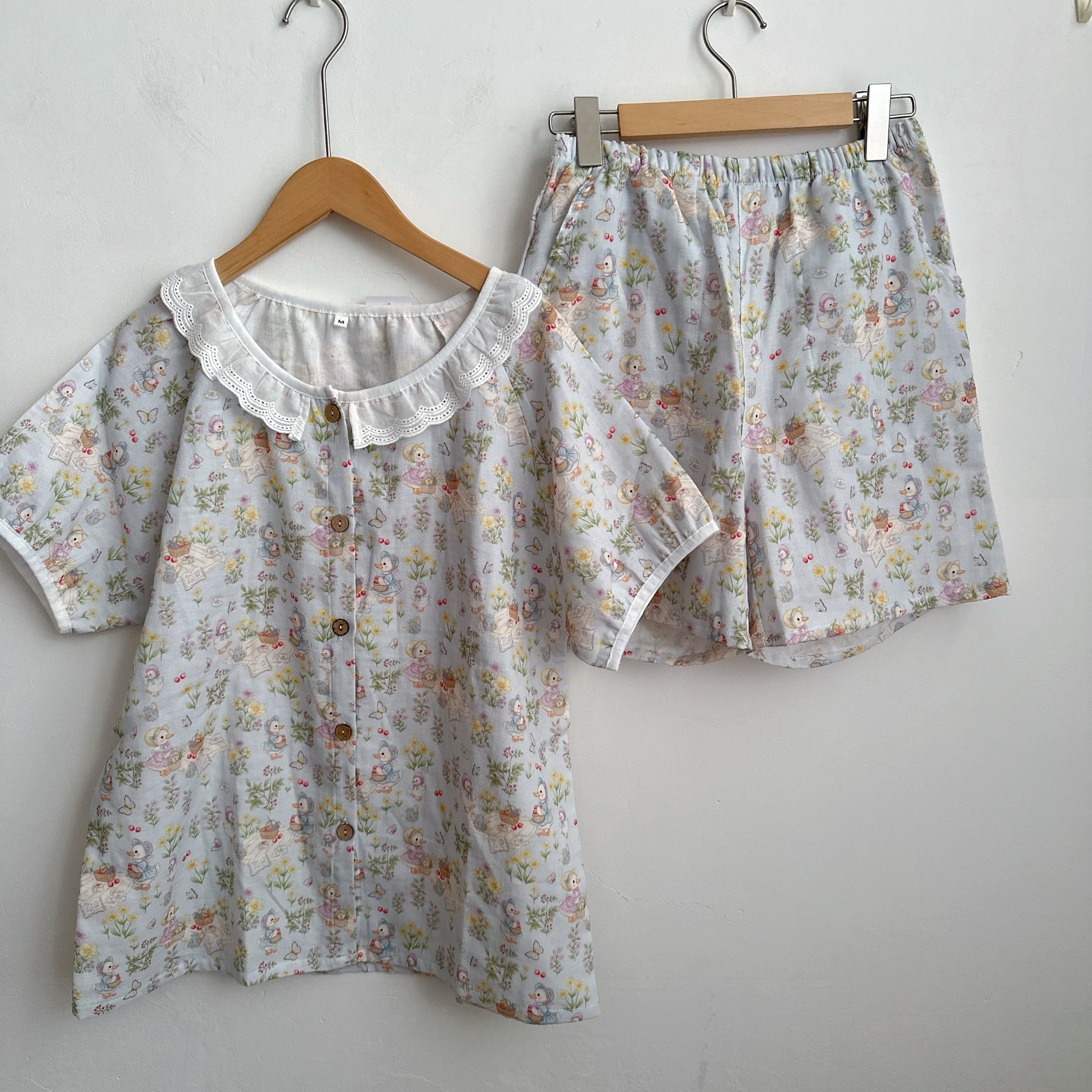 夏天数码印花双层纱布家居服女可爱卡通短袖短裤睡衣套装女