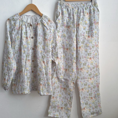 纯棉双层纱布薄款数印清新唯美风甜美女生睡衣家居服春夏长袖长裤