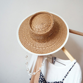 法式 复古黑边白边编织平顶礼帽女夏天遮阳防晒沙滩度假珍珠链草帽