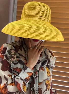 夏天女法式网红款黄色镂空赫本钟型大檐盆帽遮阳度假沙滩太阳草帽