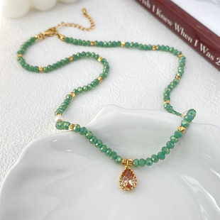 轻奢绿色碧玺串珠项链锆石水滴吊坠颈链「花田里」仙少女森系新款