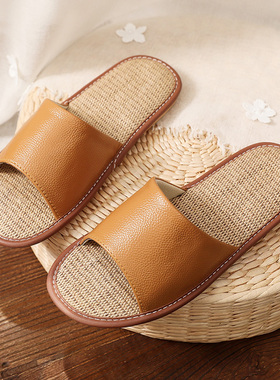 日式真皮亚麻凉拖鞋女夏季防滑吸汗家居室内牛皮拖鞋男踩屎感软底