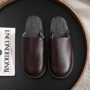 牛皮居家防滑软牛筋底秋冬季 男女家用静音加绒防水真皮 保暖棉拖鞋