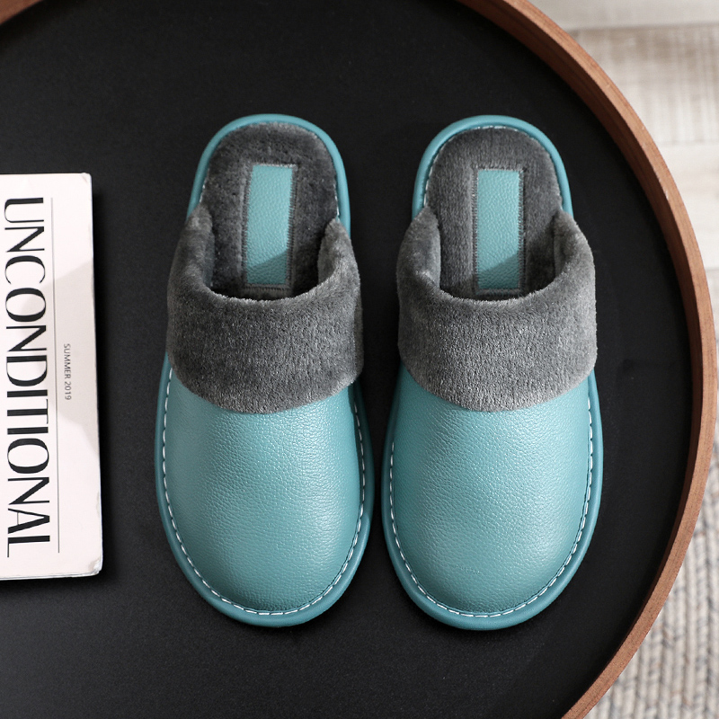 真皮面居家保暖棉拖鞋冬季男女室内防水防滑软底静音厚底牛皮托鞋