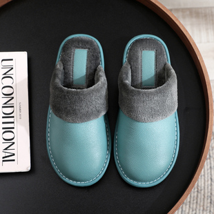 男女室内防水防滑软底静音厚底牛皮托鞋 真皮面居家保暖棉拖鞋 冬季