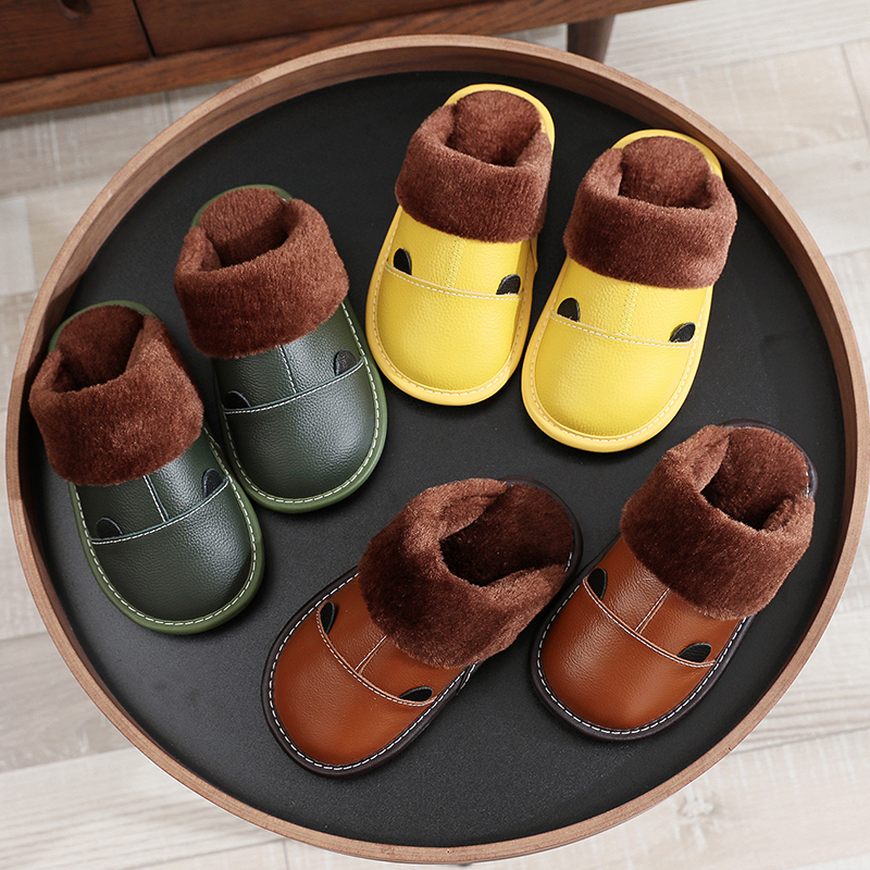 冬季可爱卡通儿童防水真皮棉拖鞋