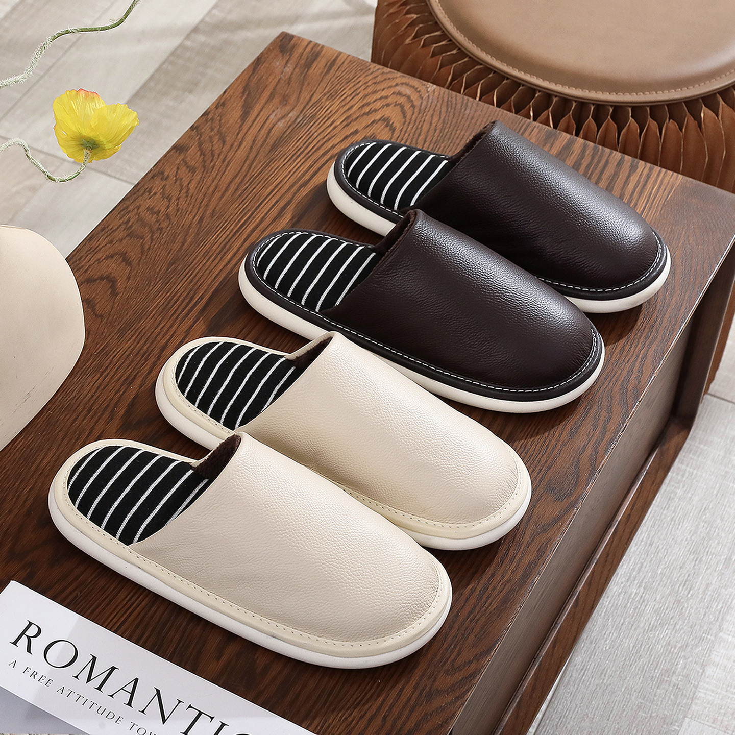 秋冬季牛皮条纹保暖棉拖鞋男女情侣居家室内防滑防水软底静音真皮