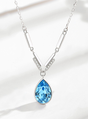 S925纯银蓝色水晶海洋之心项链女