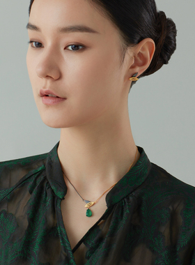 朗睦原创新款绿色茶影耳钉项链春天夏天女小众设计感耳环耳饰套装