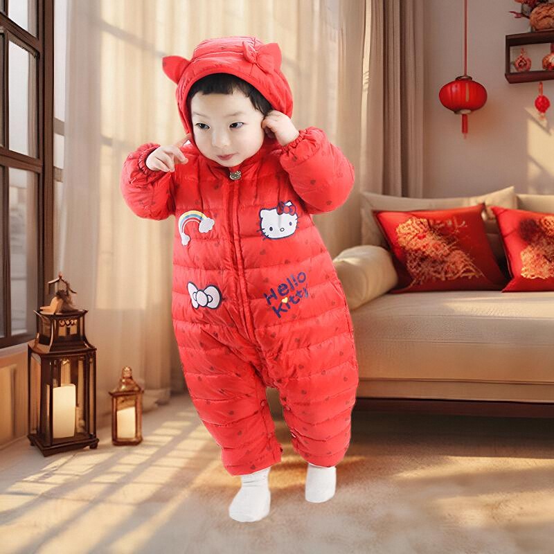 婴儿羽绒连体衣冬宝宝红色哈衣