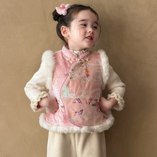 女宝宝加绒国风拜年服上衣 冬2025新款 奶油baby女童新中式 马甲套装