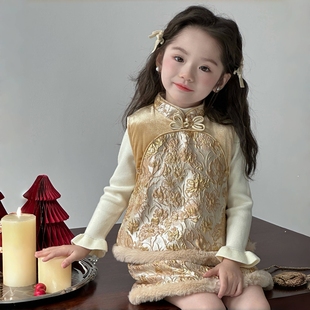 女童国风套装冬装新款儿童中式唐装拜年服马甲女宝宝过年周岁礼服