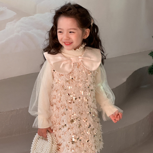 女童秋冬连衣裙加绒新款洋气儿童亮片羽毛流苏公主裙女宝宝礼服裙
