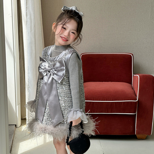 奶油baby女童公主裙2025秋冬新款 洋气女宝宝亮片蝴蝶结背心连衣裙